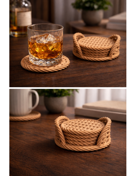 5-pack Drink Coaster with Holder – Braided Design (Beige)