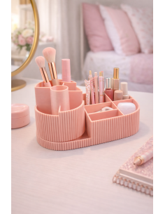 Cosmetics Organizer Pink – Ribbed Design Multi-compartment