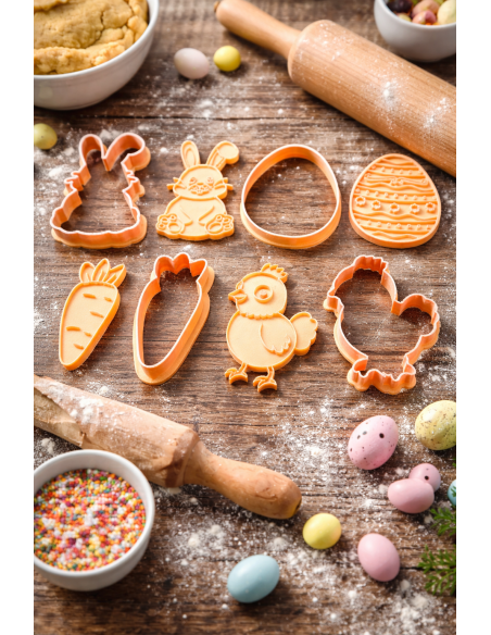 4-pack Cookie Cutters with Pressure Plate - Easter (Rabbit, Carrot, Chicken & Egg)