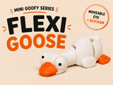 Close-up of mini flexi goose figure with large movable googly eyes on white background