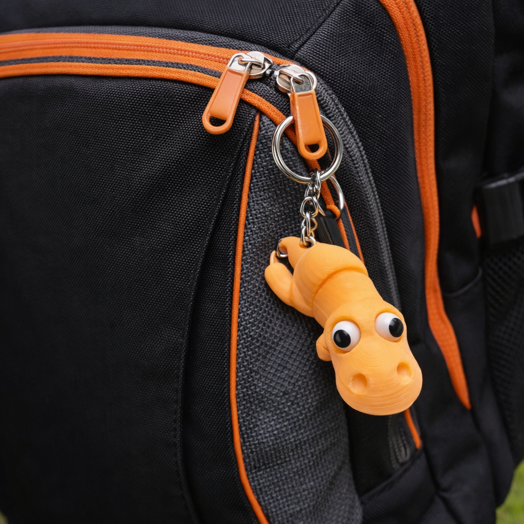 Small orange dino keychain hanging from sturdy metal chain on keyring