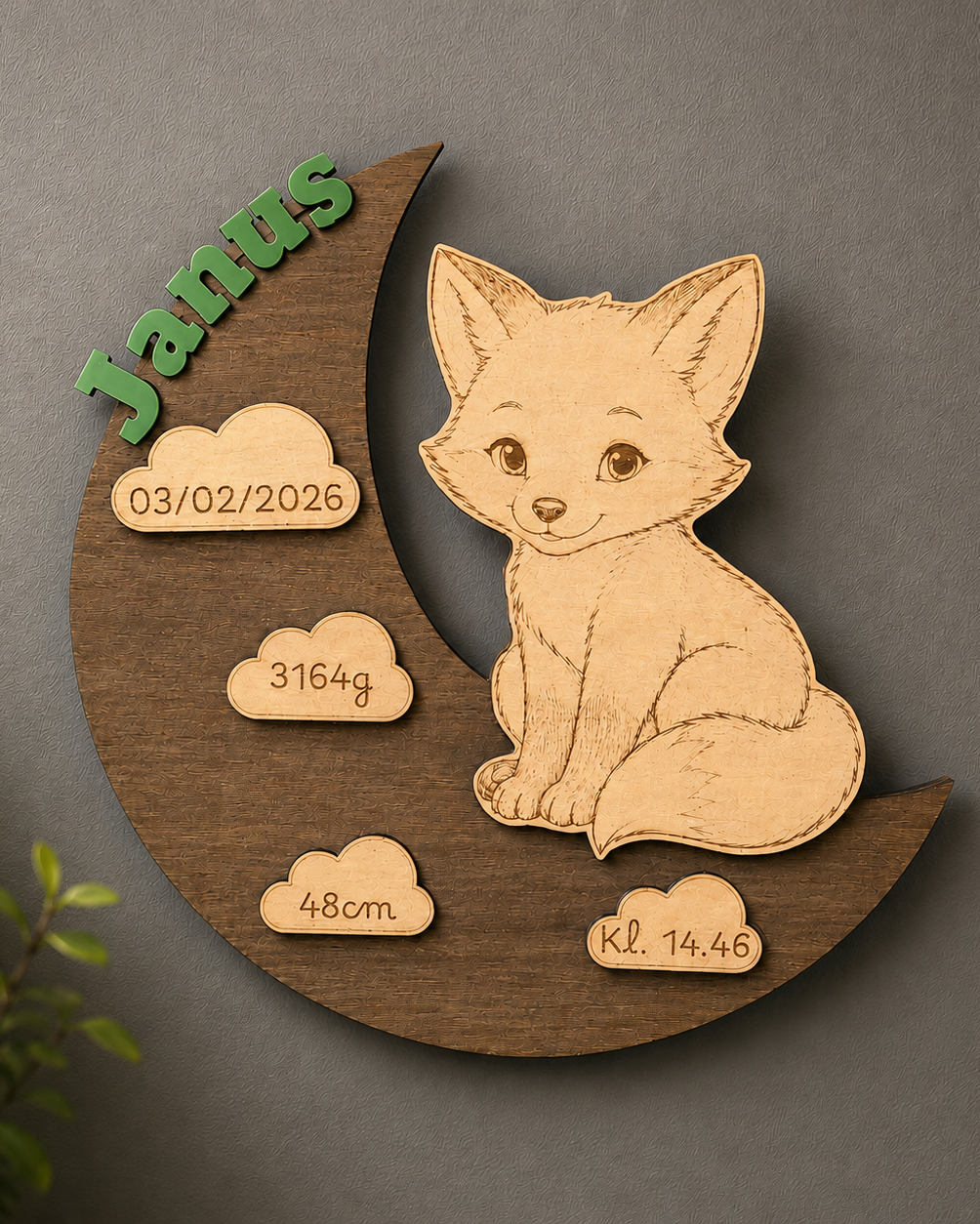 Personalised Birth Plaque – Moon with Animal, Newborn Keepsake in Wood