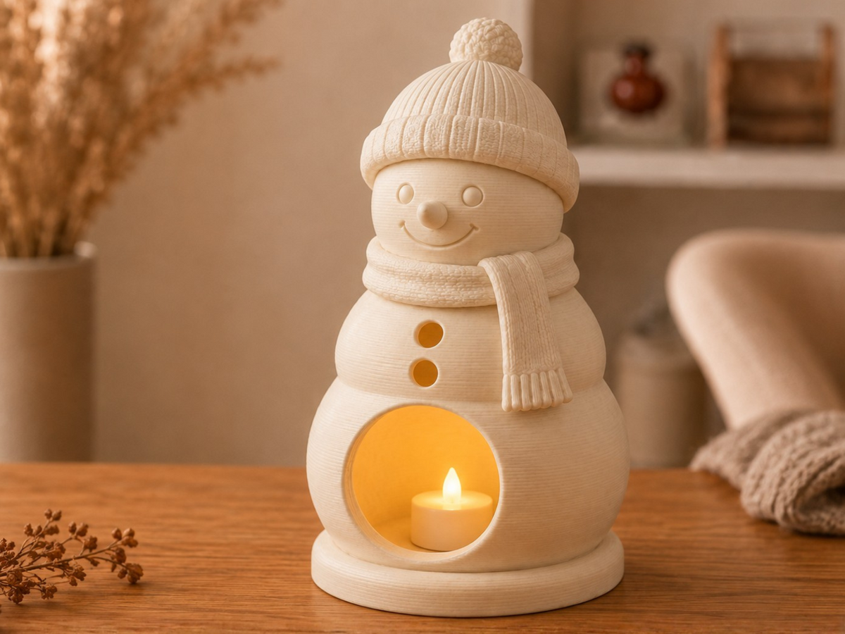 Snemand til fyrfadslys med hue og halstørklæde – 12 cm