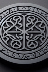 Close-up of Celtic runestone coaster showing detailed rune carvings and ornamental patterns
