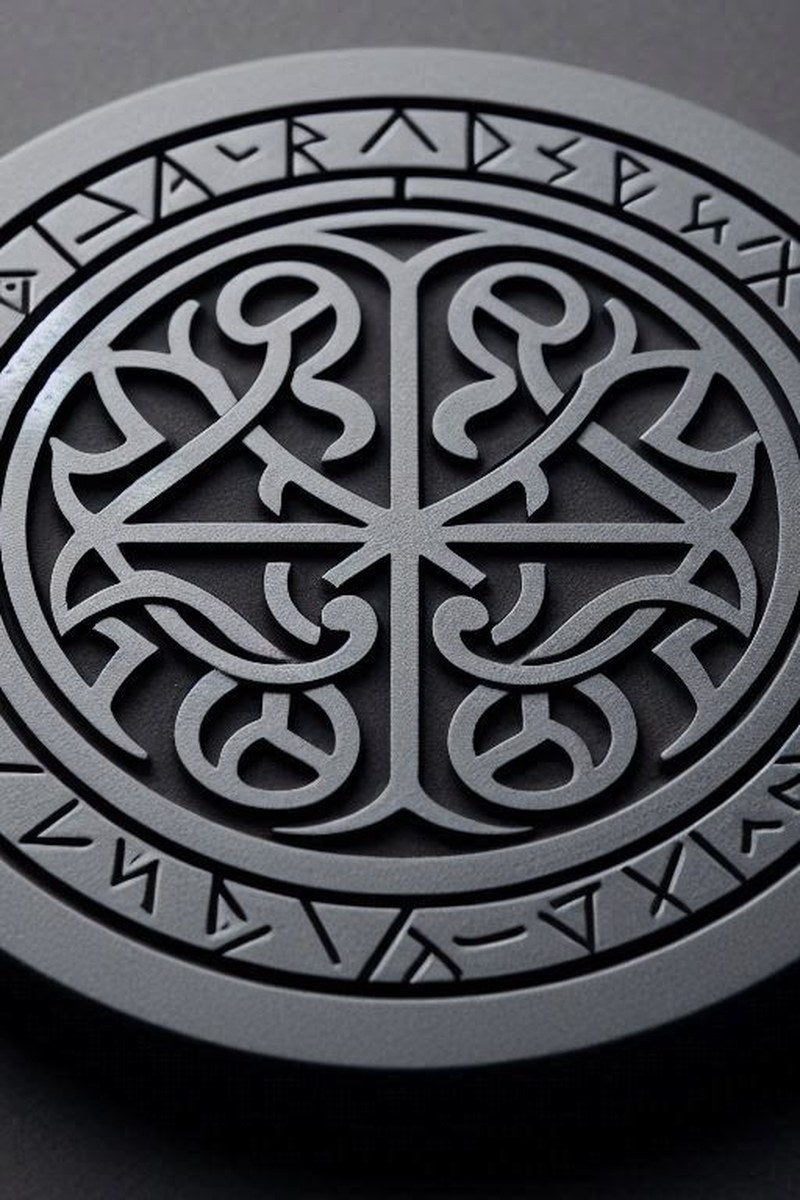 Close-up of Celtic runestone coaster showing detailed rune carvings and ornamental patterns