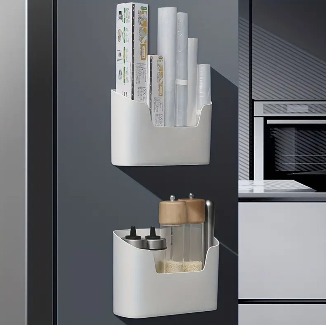 Minimalist wall organizer box with angled forward tilt, close-up view
