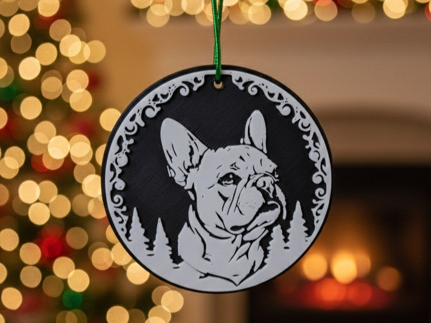 Juletræspynt med fransk bulldog i silhuet