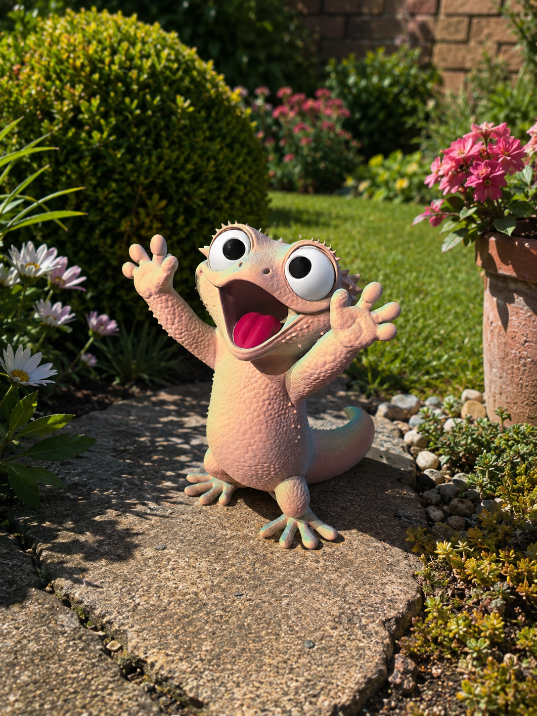 Gekko havefigur set forfra – tricolor i fersken og rosa