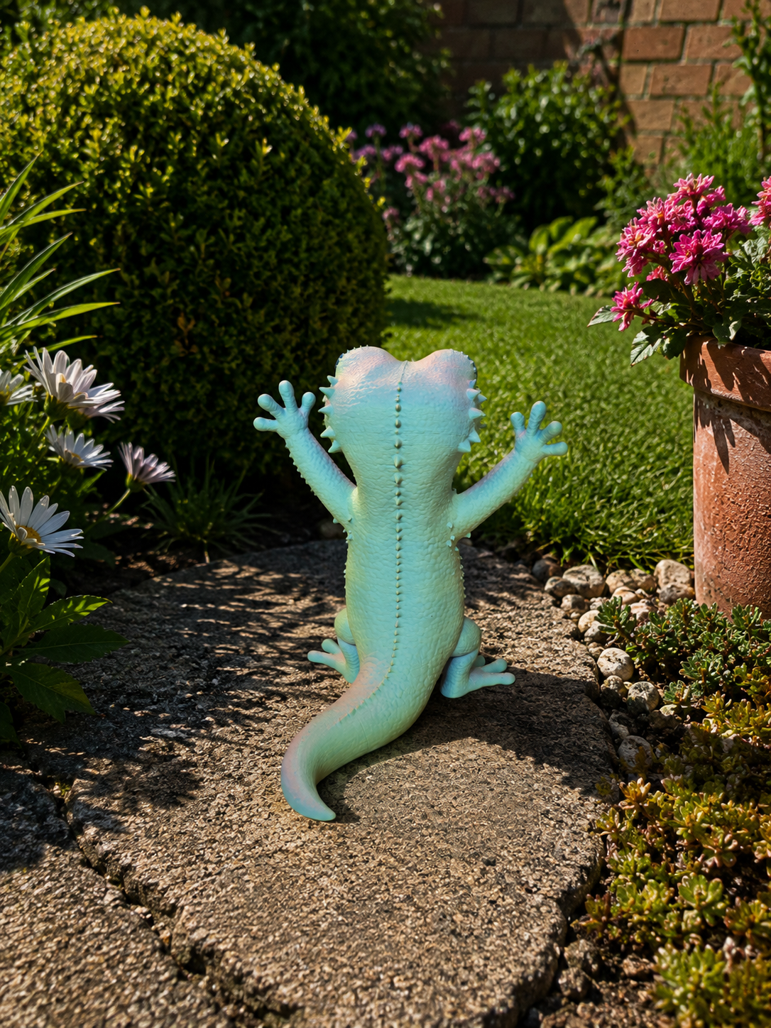 Gekko havefigur set bagfra – tricolor skifter til mint og turkis