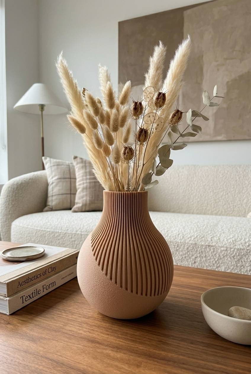 Japandi Ribbed Vase – Minimalist Vase for Dried Flowers | 18cm