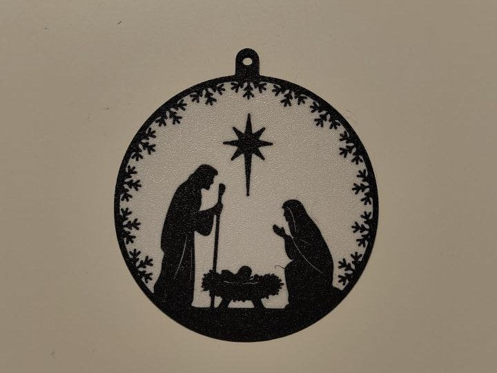 Flad julekugle med julekrybbe-motiv