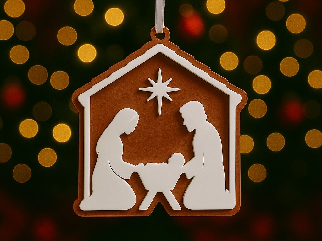 Juletræspynt med julekrybbe: Maria, Josef og Jesusbarnet