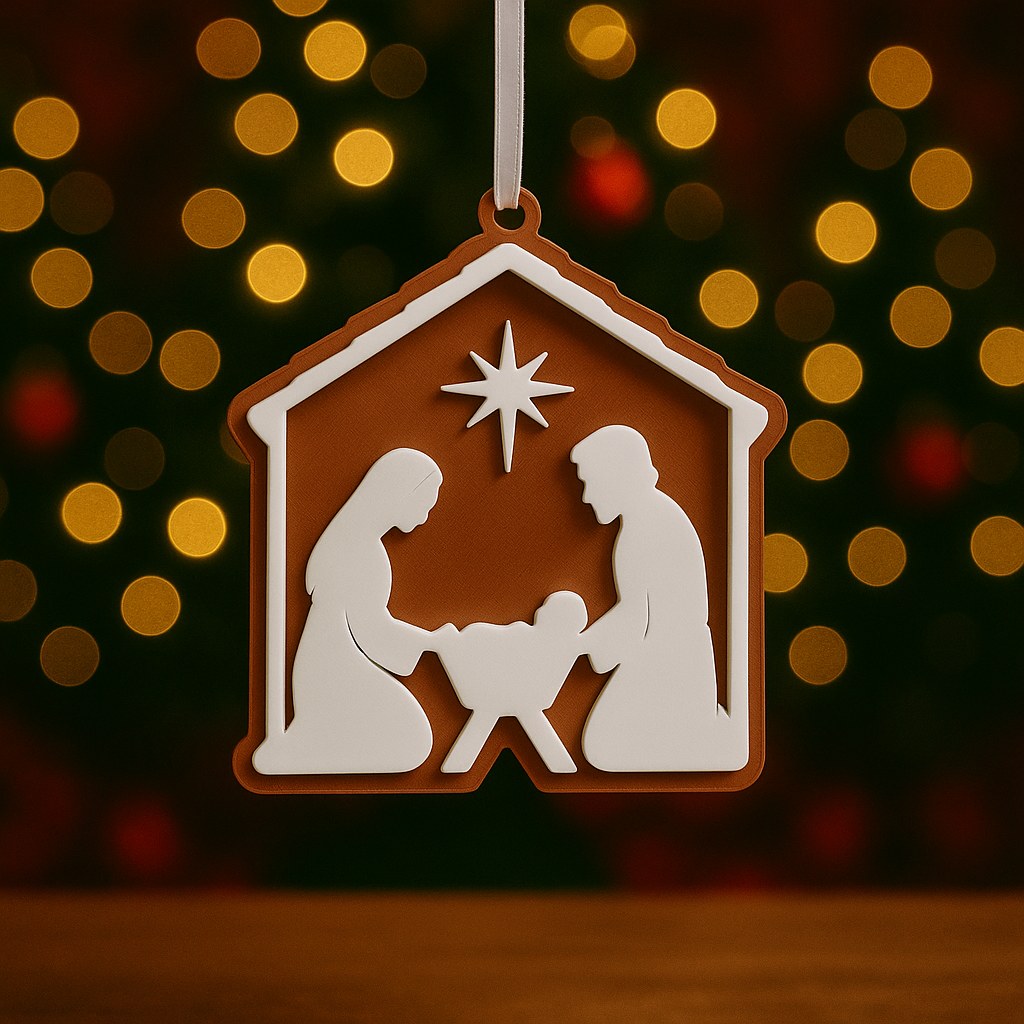 Juletræspynt med julekrybbe: Maria, Josef og Jesusbarnet