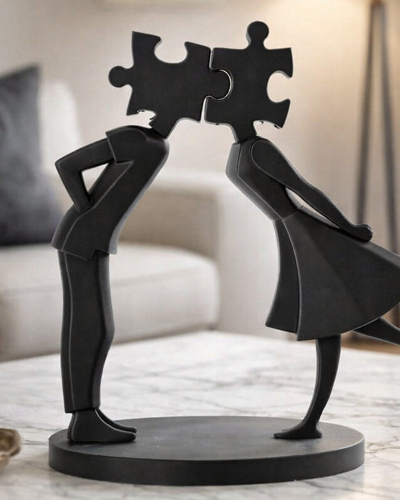Matte black couple sculpture showing two figures holding puzzle pieces — Puzzle Souls Valentine's Day figurine