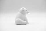 Close-up of a small knitted polar bear figurine with textured crochet-look surface, white, 8 cm tall